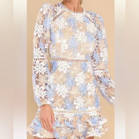 Just me guipure blue,tan, and white laced mini dress w long sleeves size small - Picture 2 of 16